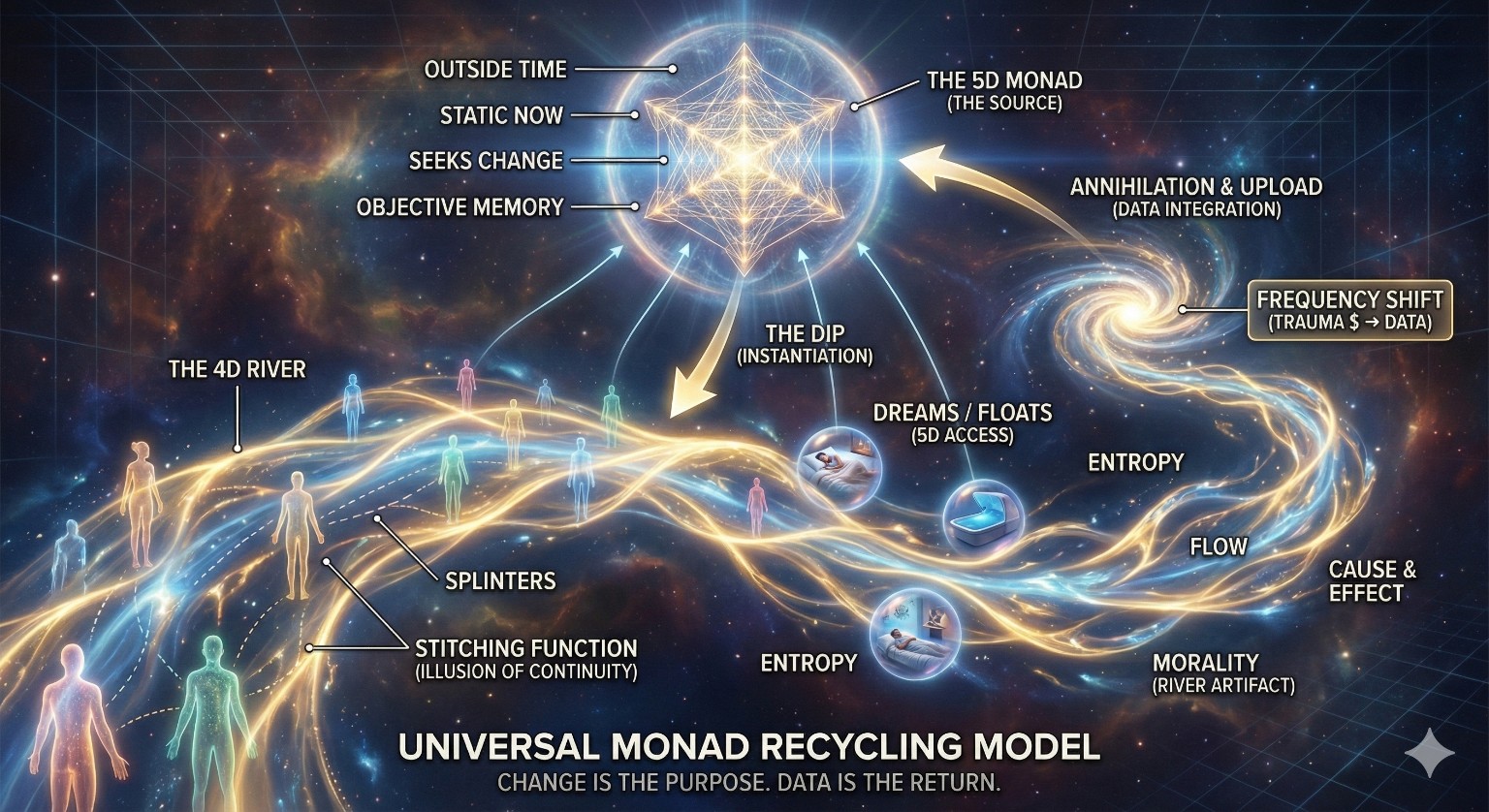UMRM — 4D River Flow with Splinters, Stitching Function, and 5D Monad