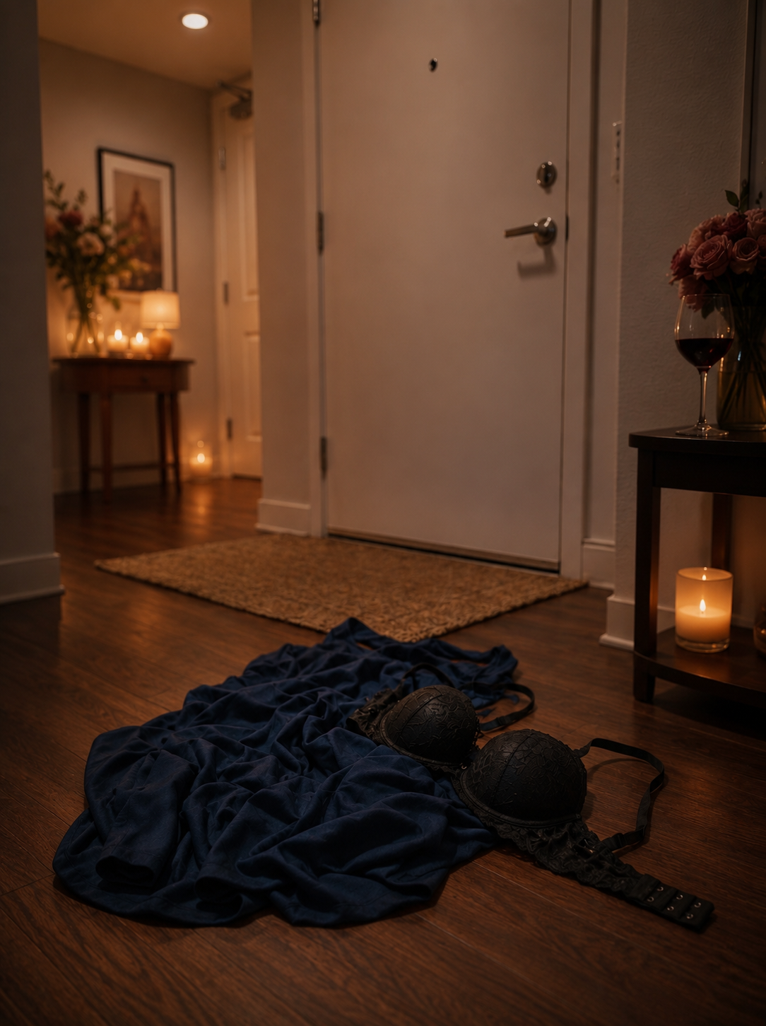 A blue dress and black bra lie discarded on the floor of a warmly lit apartment entryway.