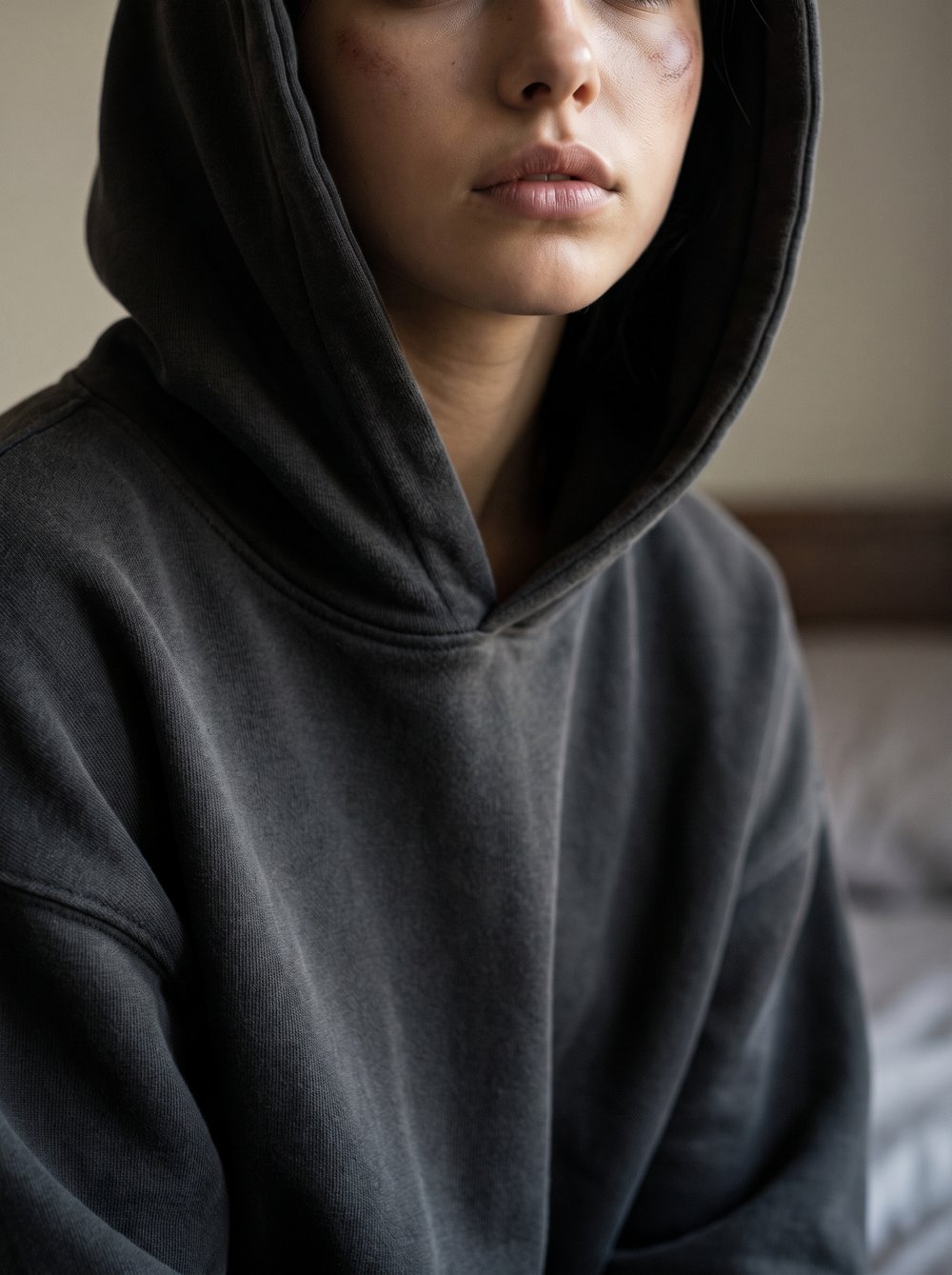 Dakota, hood up, a bruise visible beneath her eye