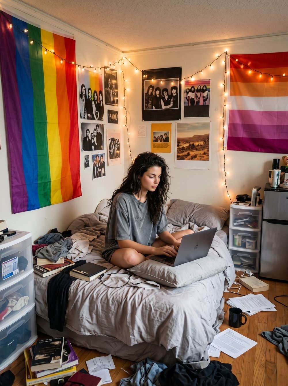 Dakota scrolling job listings on her bed, surrounded by band posters and string lights