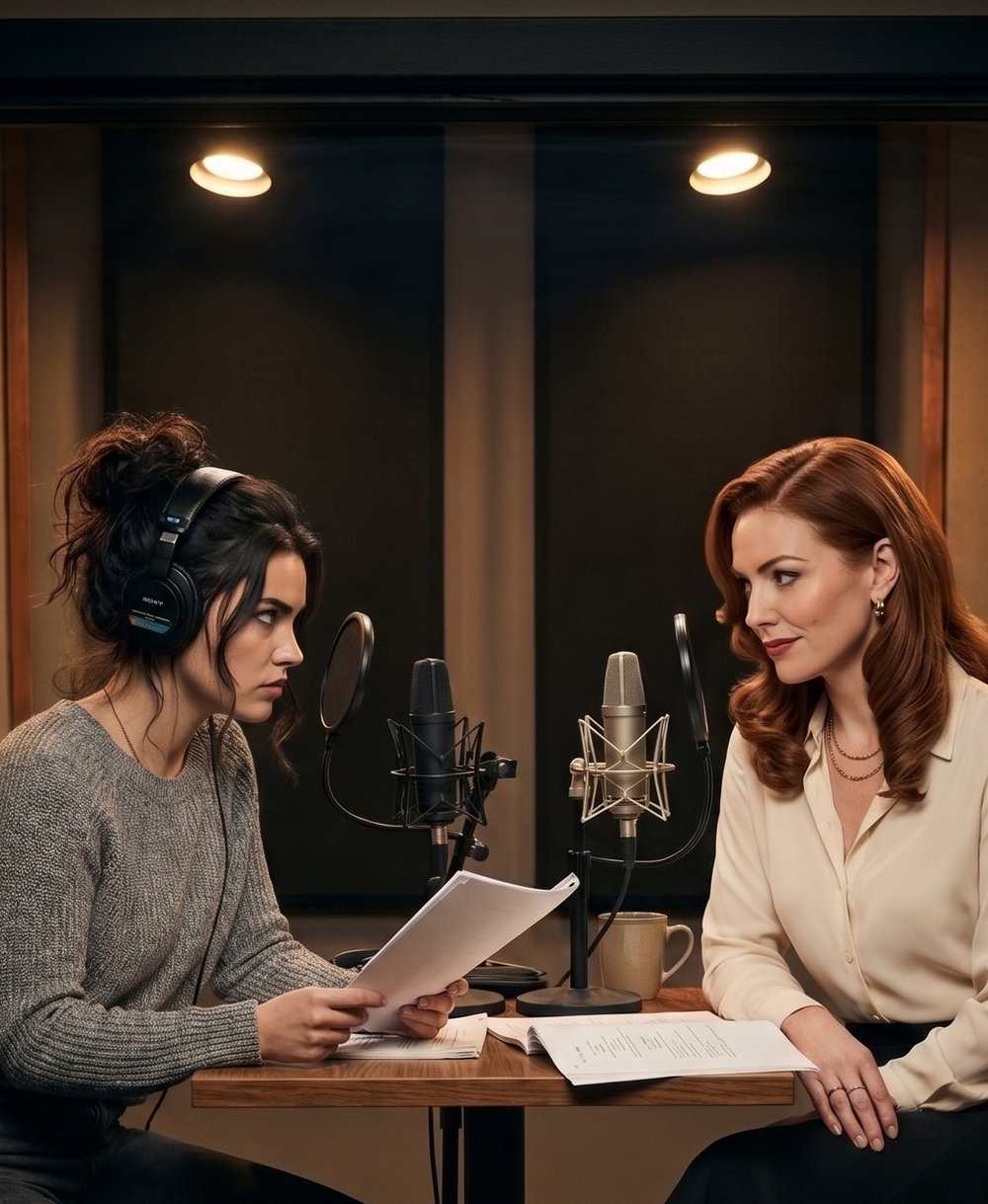 Dakota and Callie facing each other across microphones in the recording booth