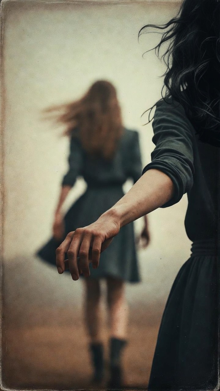 A hand reaching toward a girl walking away, faded into memory