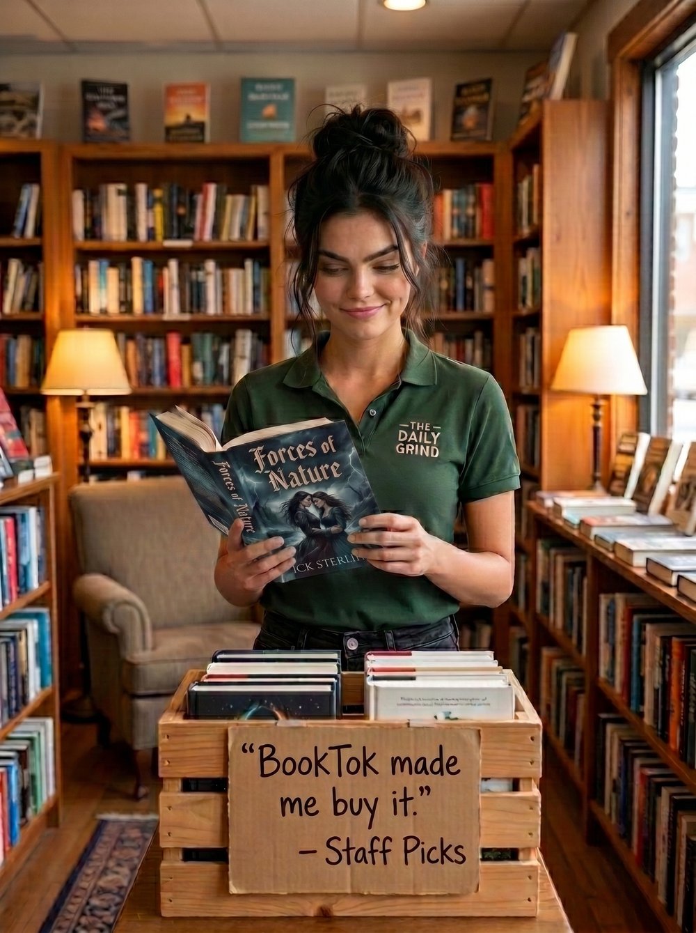 Dakota reading Forces of Nature beside the bookstore's BookTok made me buy it crate