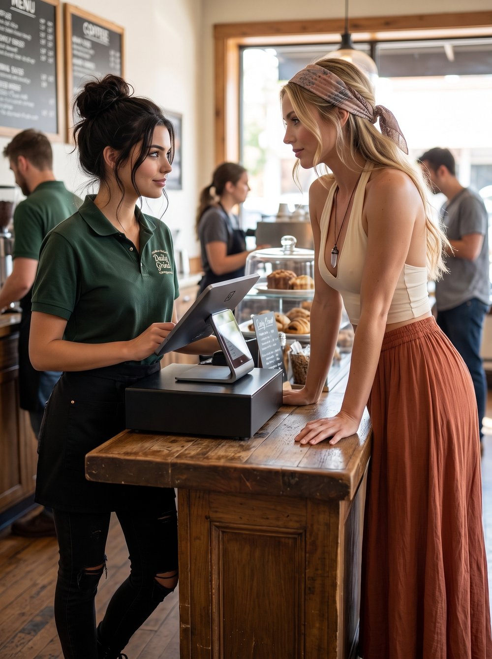 Lauren leaning across the counter to talk to Dakota at work