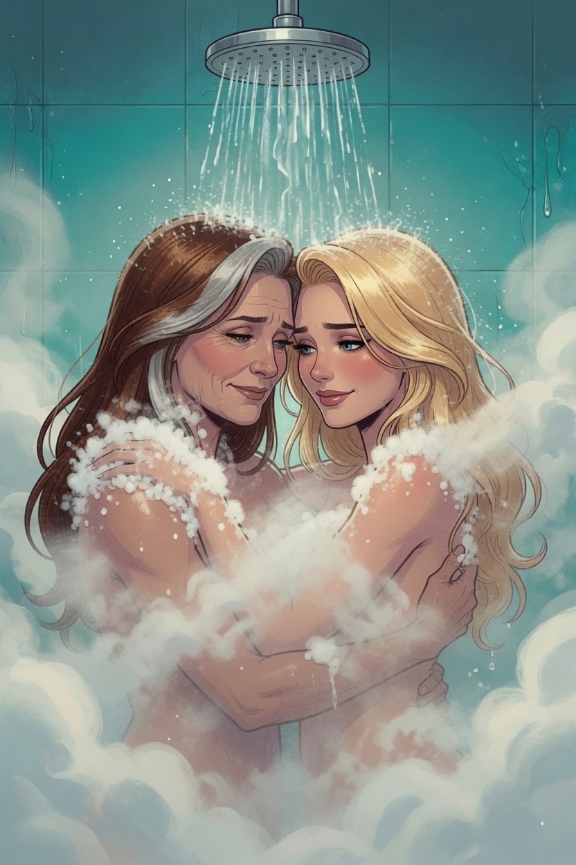 Erin and Cassie embrace beneath a shower, sharing a quiet, intimate moment.