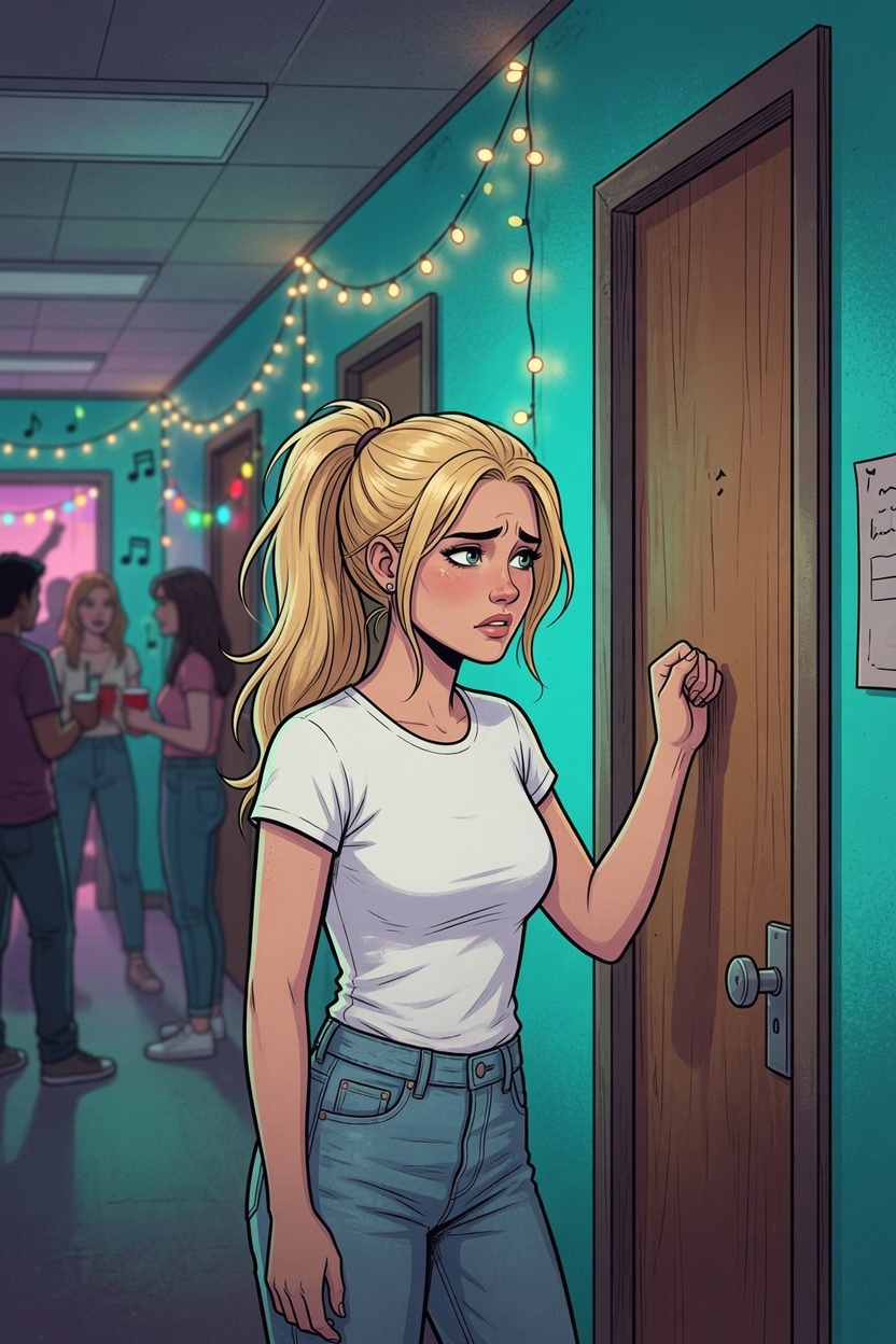 Cassie standing anxiously outside a dorm room door during a campus party.