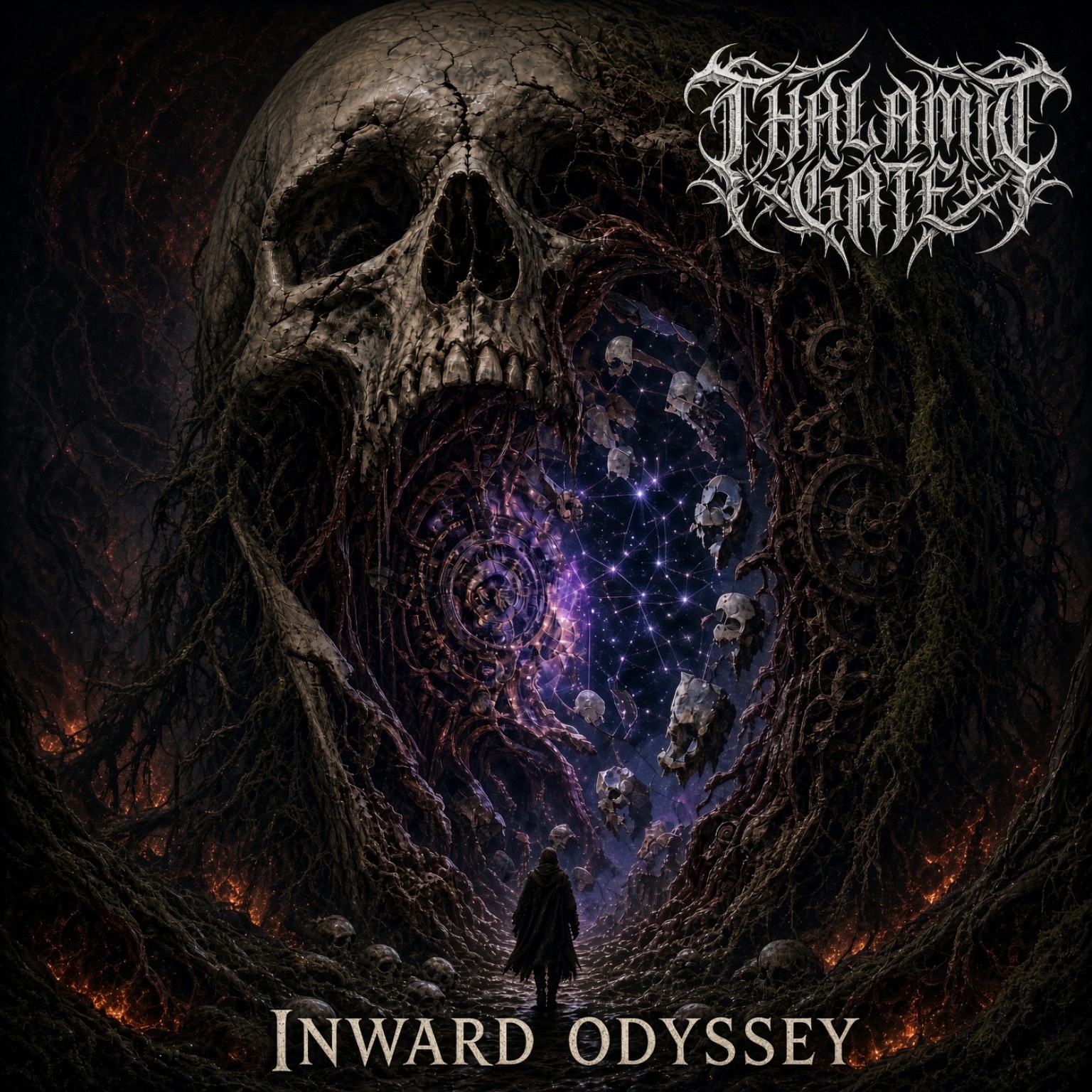 Inward Odyssey album art: a skull opening onto a cosmic portal, with a lone traveler below