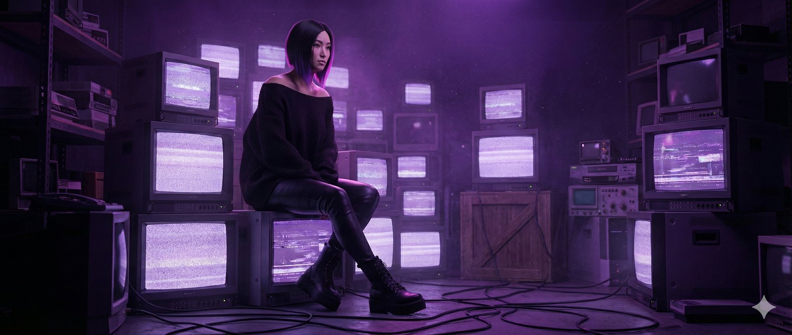 Rin Ishikawa, surrounded by static-filled CRT monitors
