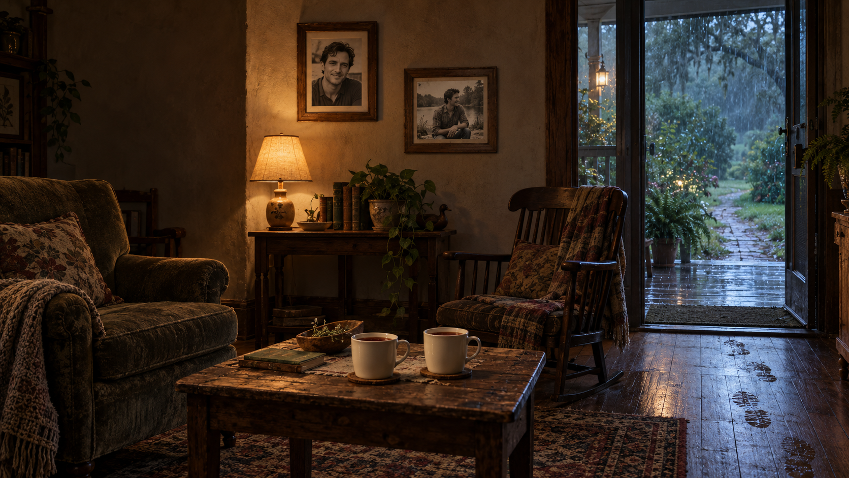An empty sitting room after a departure: framed photographs, two mugs and wet footprints toward an open doorway.