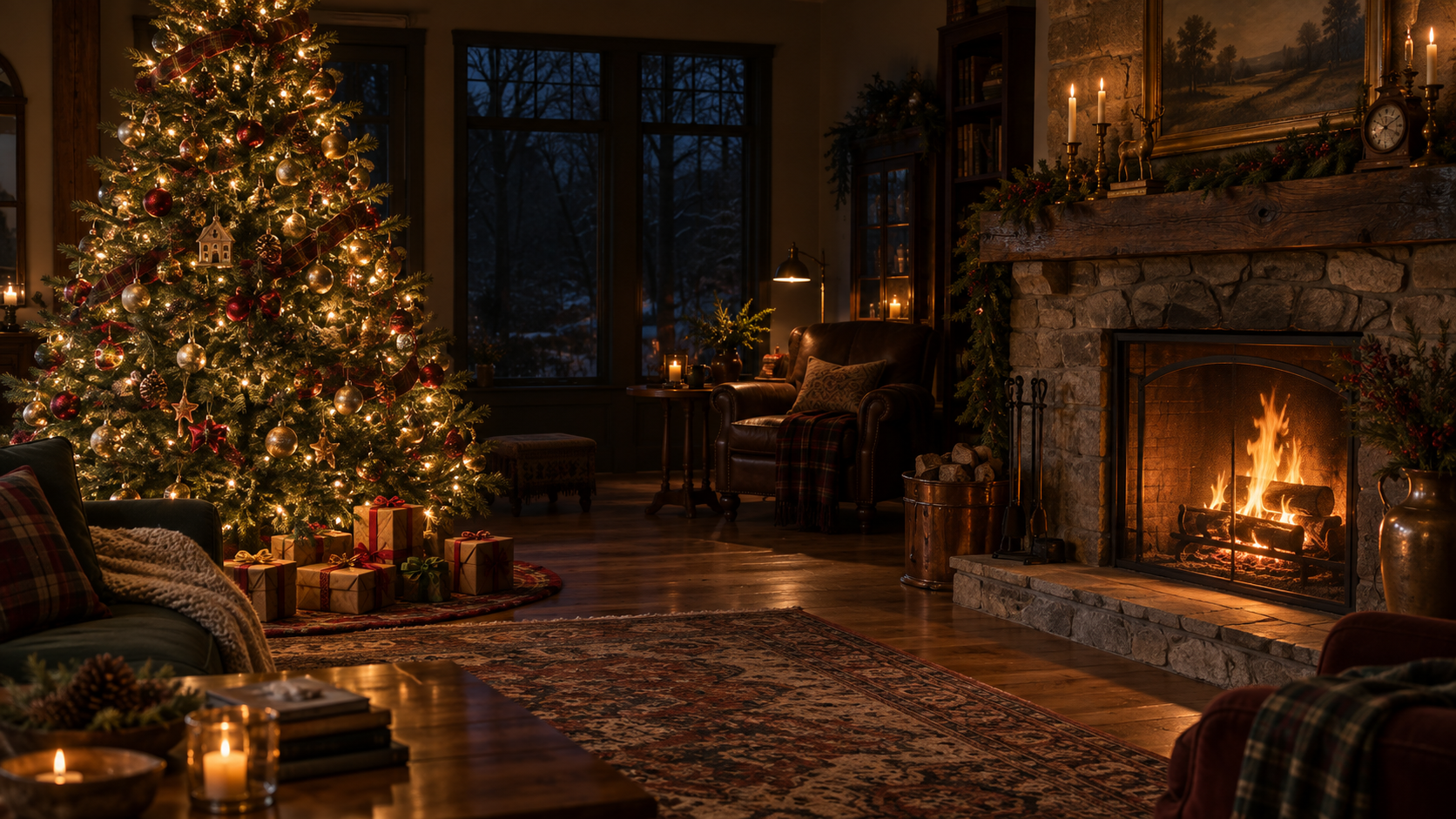 A warmly lit Christmas tree beside a cozy stone fireplace in a quiet room at night