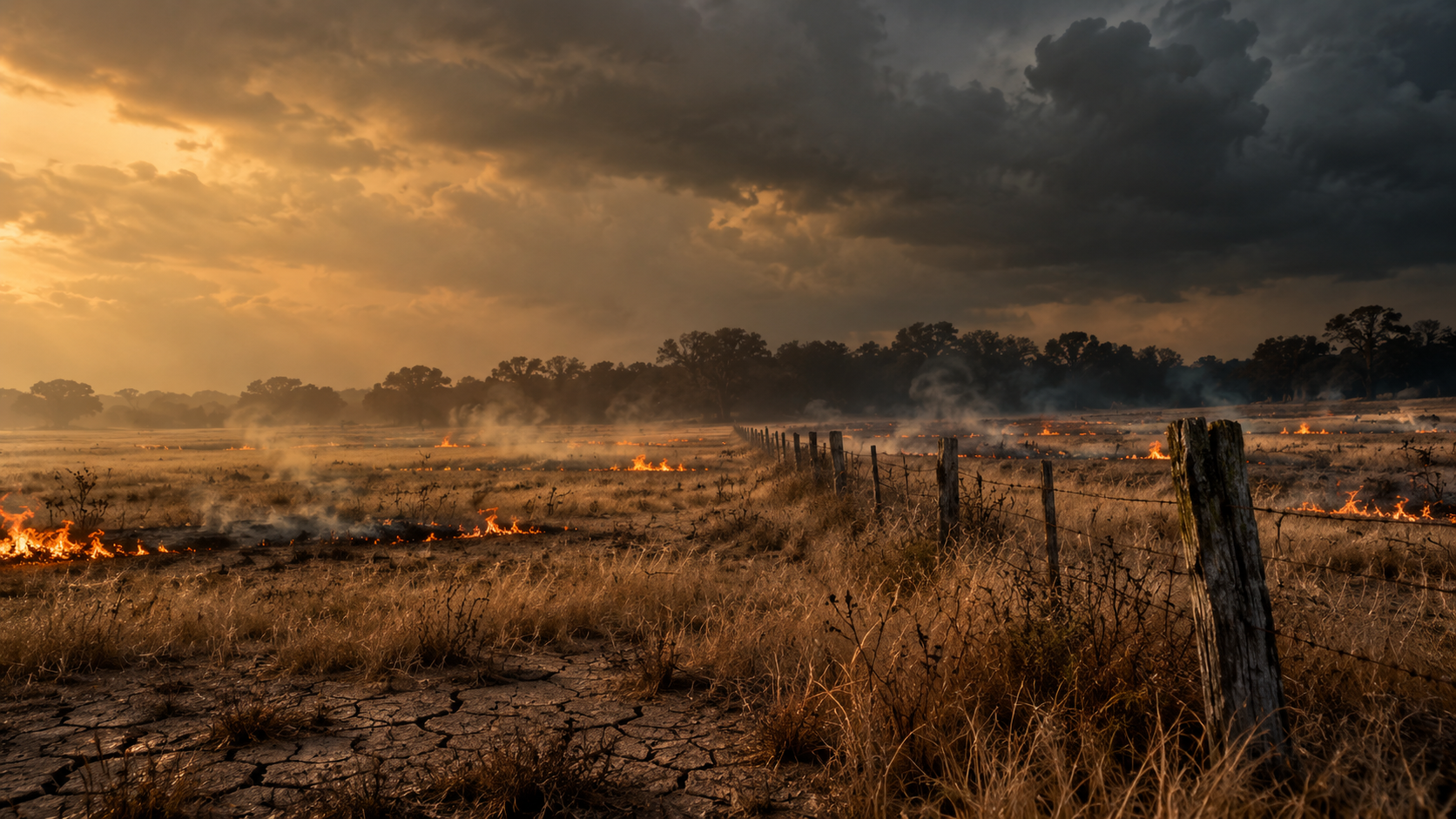 A scorched Southern field with scattered small fires and an old fence, gradually flooded and renewed with wildflowers.
