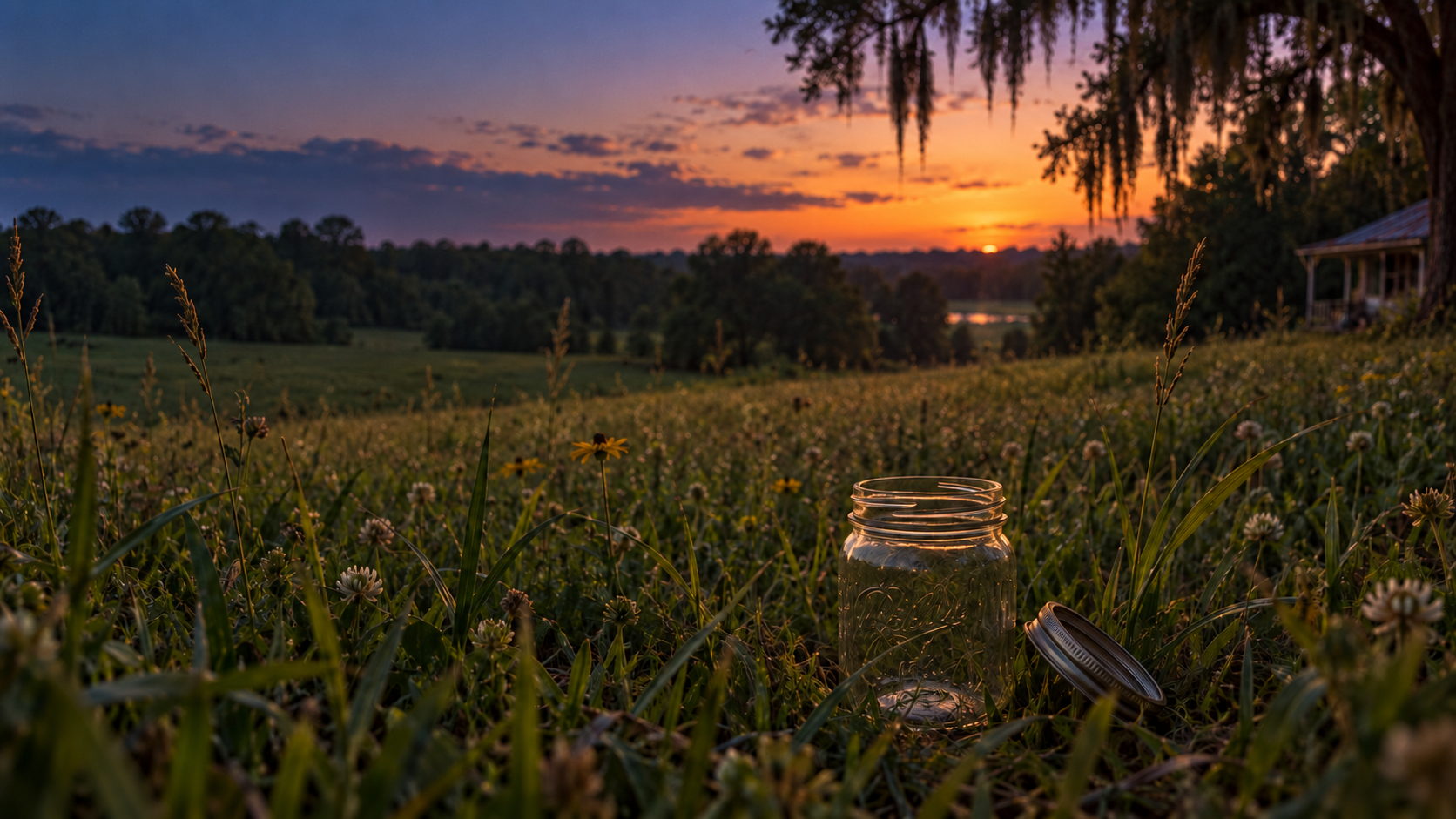 An open glass jar in tall summer grass, fireflies drifting into the last light of evening.