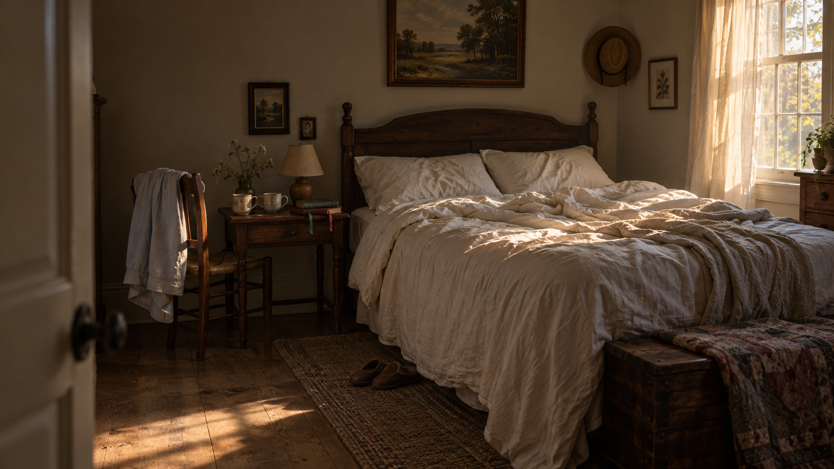 A warmly inhabited bedroom with rumpled linen, two cups and bookmarked books; daylight slowly gives way to evening lamplight.