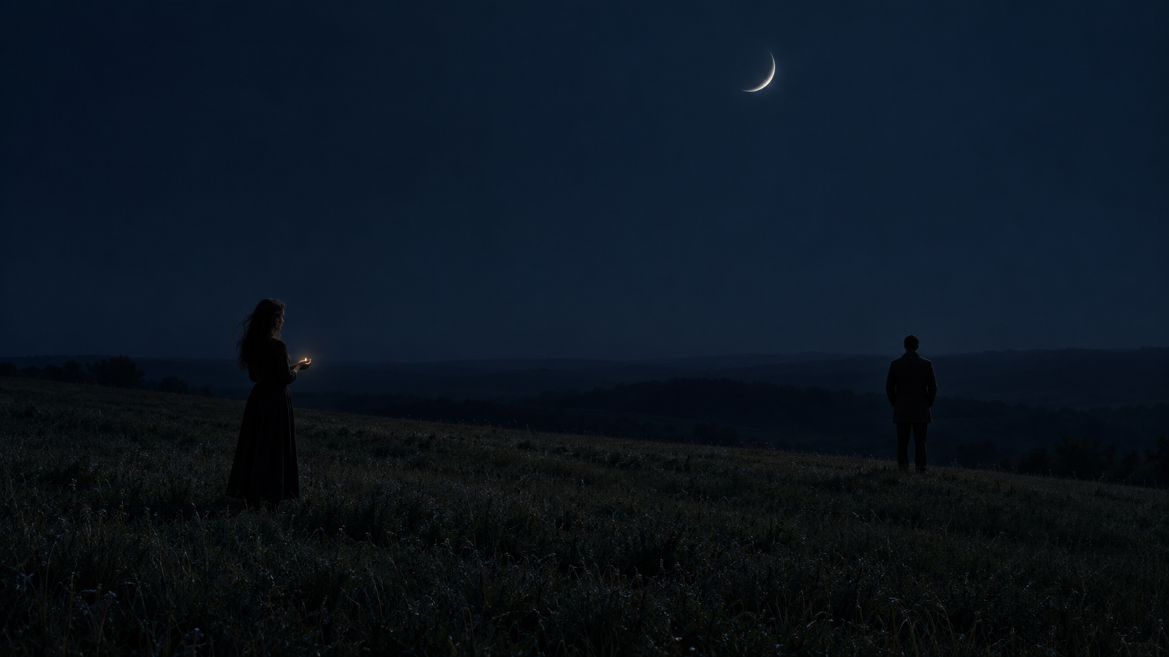 Two distant silhouettes on a midnight-blue hillside beneath a crescent moon; stars rise from the woman’s hands into the sky.