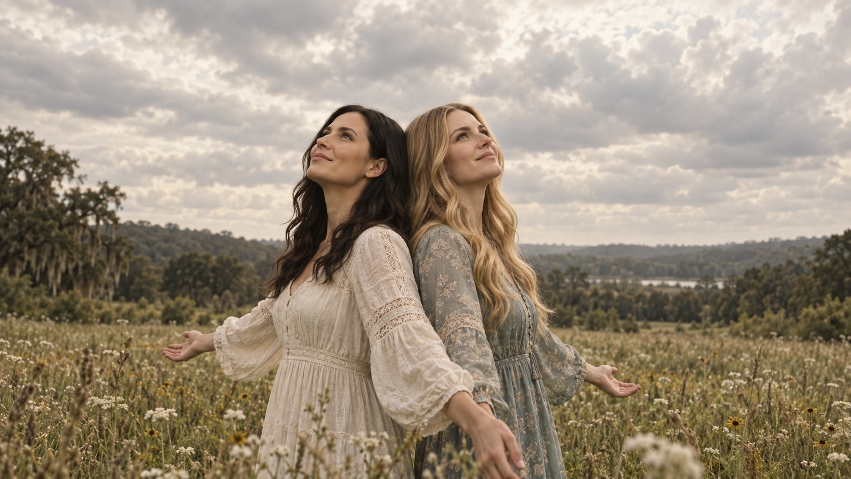 Two women stand back-to-back in a meadow beneath a cloudy sky as sunlight slowly breaks through.