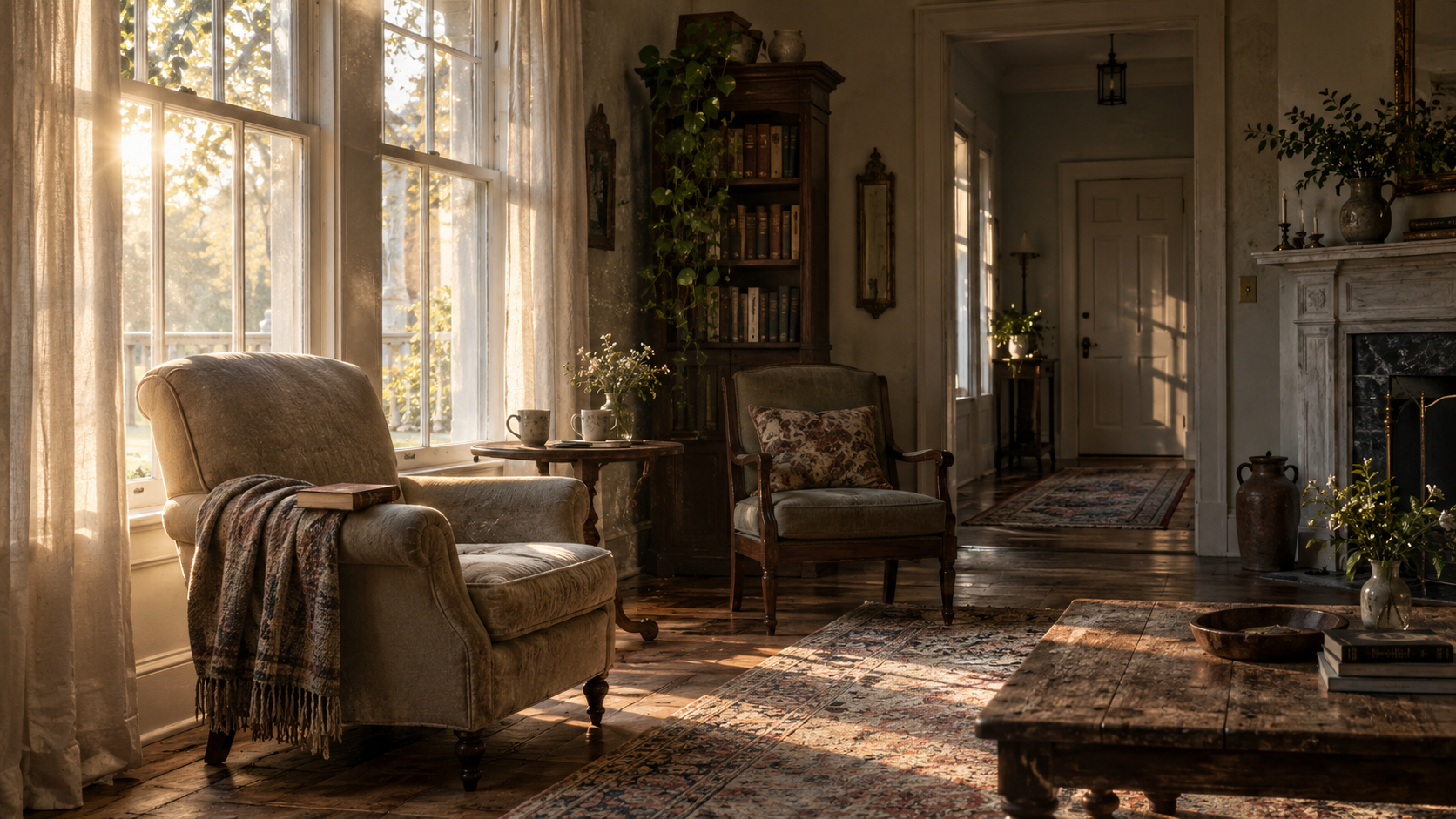 An empty living room in dawn light, with dust motes drifting around two unoccupied chairs.